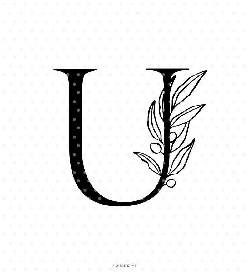 Letter U svg cutfile, alphabet initial monogram with olive branch clipart image 1