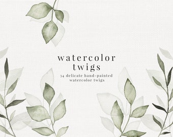 Watercolor twigs set, green botanic leaves & branches