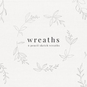 Pencil sketch set, wreaths & twigs, botanical clip art, leaves illustrations