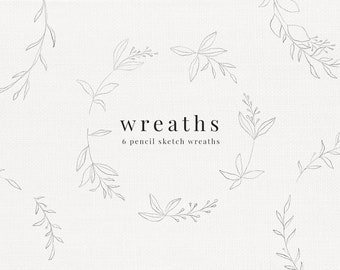 Pencil sketch set, wreaths & twigs, botanical clip art, leaves illustrations