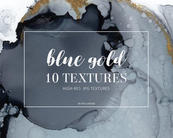 Dark blue gold texture set, background digital paper, fluid art