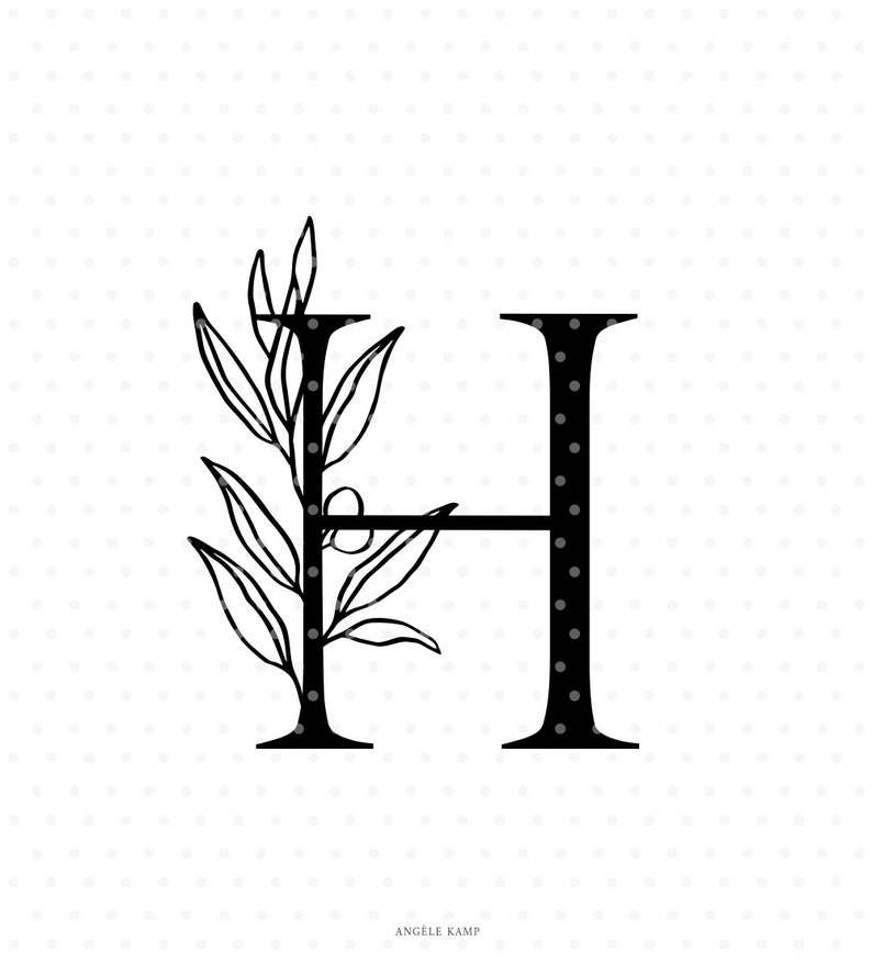 Letter H svg cutfile, alphabet initial monogram with olive branch clipart image 1