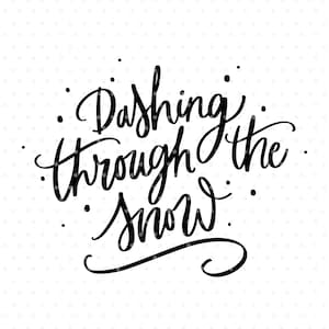 May include: Black calligraphy text on a white background reads "Dashing through the snow" with decorative dots. The artist's name, Angèle Kamp, is at the bottom.