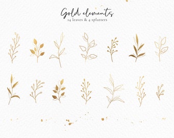 Gold botanic set, leaf wedding clipart