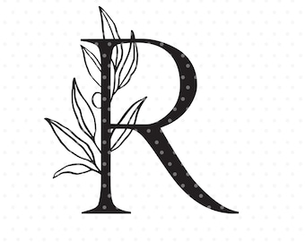 Letter R svg cutfile, alphabet initial monogram with olive branch clipart