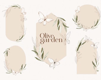 Olive Garden set of frames and butterfly watercolor clipart