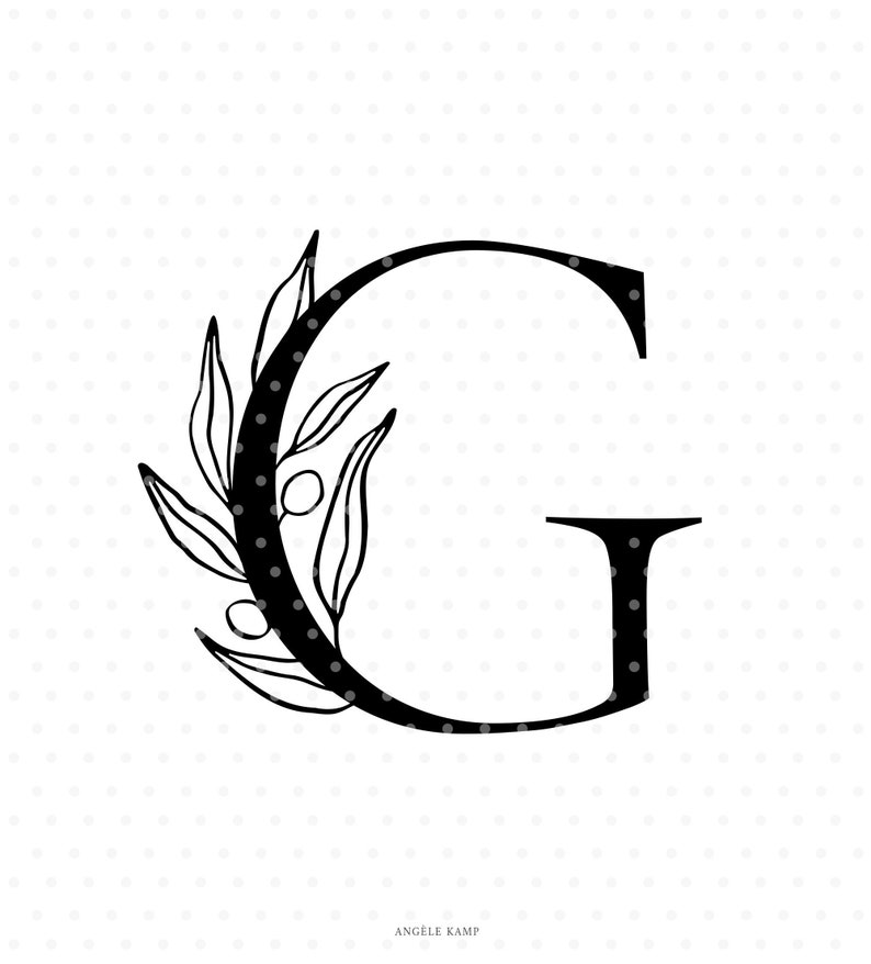 Letter G svg cutfile, alphabet initial monogram with olive branch clipart image 1