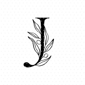 Archivo de corte de letra J svg, monograma inicial del alfabeto con imágenes prediseñadas de rama de olivo
