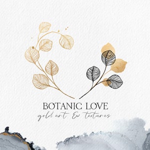 Botanic Love collection, gold line art, dark blue textures, wedding clipart