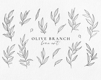 Ensemble de branches d'olivier, dessin au trait illustrations clipart feuilles botaniques