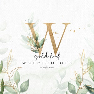 Aquarelcollectie bladgoud, alfabetkunst, bruiloftclipart, groene bladeren