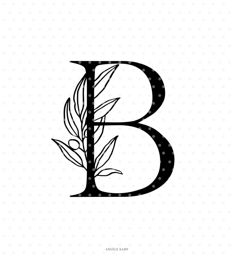 Letter B svg cutfile, alphabet initial monogram with olive branch clipart 画像 1