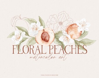 Floral peaches collection, watercolor, illustration, bouquet & wreath clipart