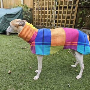 Peut inclure: Un chien portant un manteau pour chien &agrave; carreaux color&eacute;. Le manteau pr&eacute;sente un motif patchwork avec des panneaux orange, jaunes, bleus et roses. Le chien se tient sur du gazon artificiel vert.