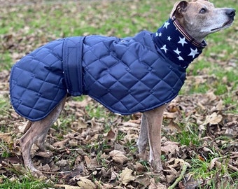 Waterproof dog coat navy and navy star , whippet , Italian, lurched, greyhound