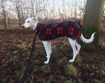 Dog snood , fleece, coat , red blue & green tartan , Italian, whippet, lurcher , greyhound