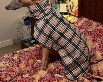 Dog snood fleece beige tartan whippet ,Italian greyhound ,greyhound,lurcher 8 sizes