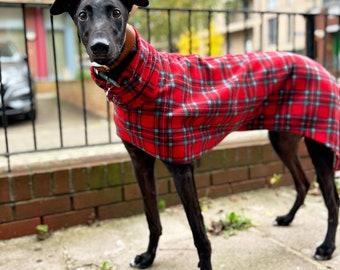 Dog snood red tartan fleece whippet ,Italian greyhound ,greyhound,lurcher 8 sizes