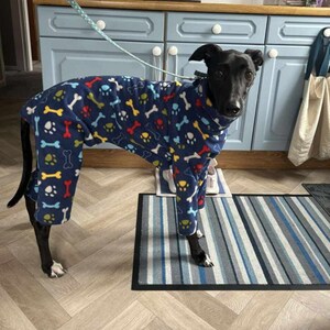 Pu&ograve; includere: Un cane nero che indossa una tuta in pile blu, rossa, gialla e bianca con ossa e impronte di zampe. Il cane &egrave; in piedi su uno zerbino a strisce blu e grigio in una cucina.