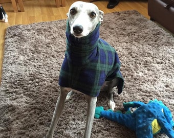 Dog snood fleece blue tartan whippet ,Italian greyhound ,greyhound,lurcher 8 sizes