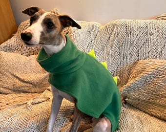Dog dinosaur snood coat,green and lime fleece,jumper, whippet, greyhound , Italian , lurcher