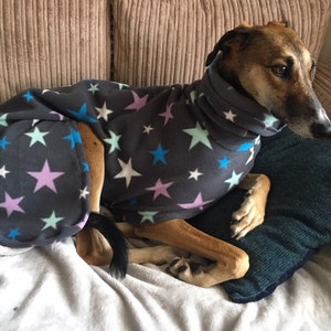 Dog snood Grey multi star fleece dog coat , whippet, Italian, greyhound lurcher