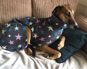 Dog snood Grey multi star fleece dog coat , whippet, Italian, greyhound lurcher