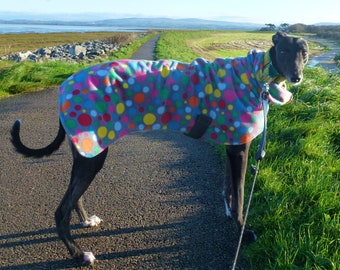 Dog snood multi spot fleece New in coat, jumpers, whippet, Italian, lurcher, greyhound 8sizes
