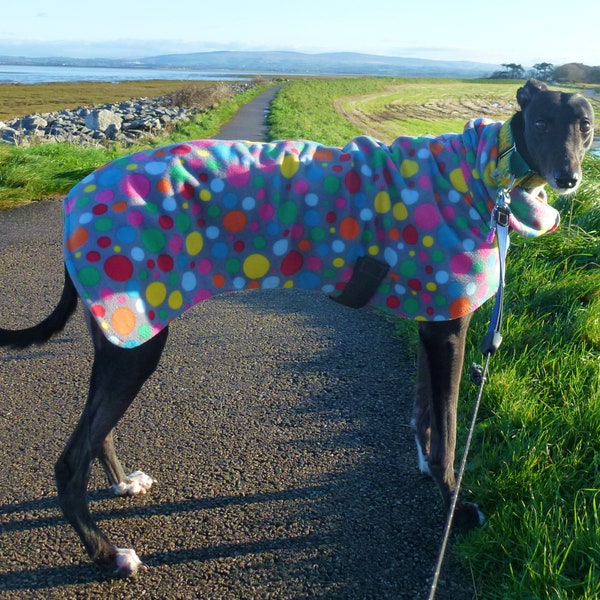 Dog snood multi spot fleece New in coat, jumpers, whippet, Italian, lurcher, greyhound 8sizes