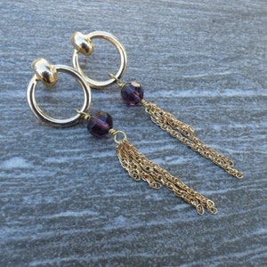 Vintage Brass and Purple Crystal Chain Tassel Earrings
