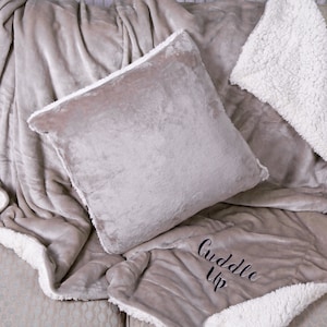 Personalised Super Soft Fleece Sherpa Blanket and Cushion Set Taupe Set