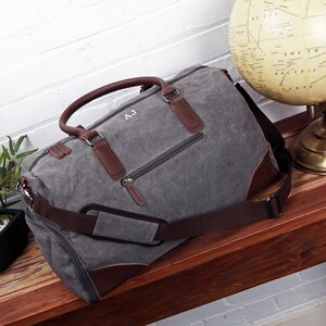 Personalised Vintage Style Canvas Weekend Holdall Bag with Shoulder Strap Slate Grey