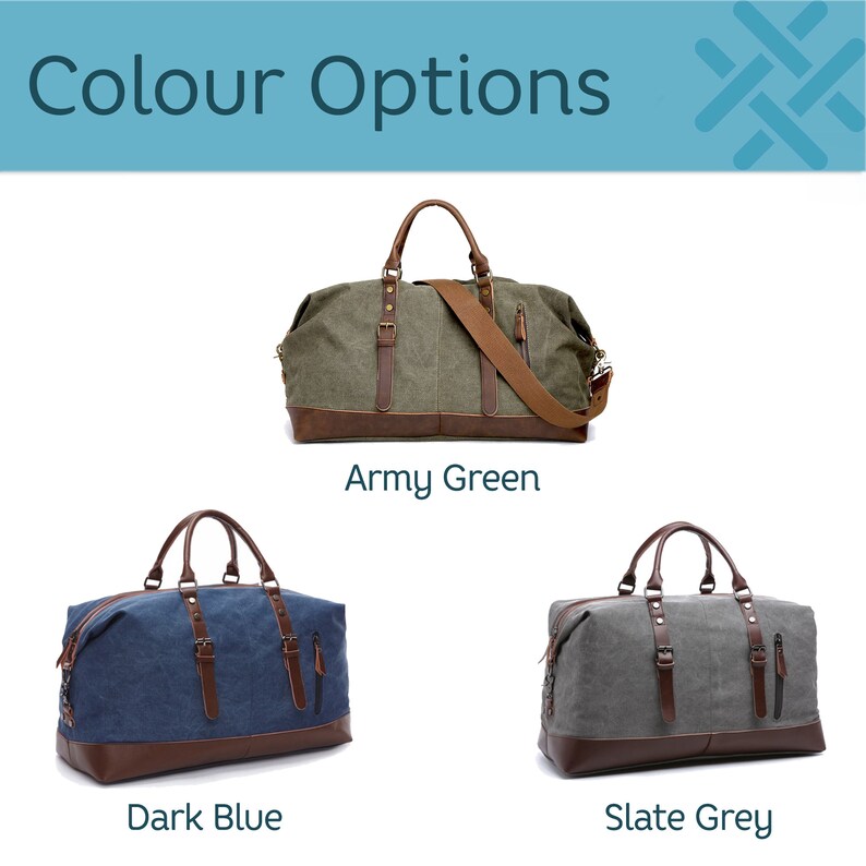 May include: Three canvas duffel bags in different colors: army green, dark blue, and slate grey. Each bag has brown leather accents and a zippered pocket.