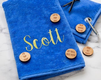 Personalised Tri-Fold Golf Towel And Funny Ball Marker Set