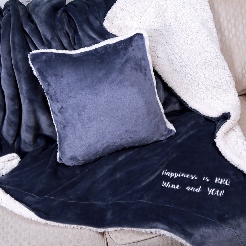 Personalised Super Soft Fleece Sherpa Blanket and Cushion Set Slate Set