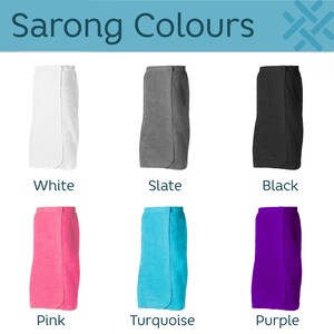 May include: Six sarong towels in different colors: white, slate, black, pink, turquoise, and purple. The towels are arranged in two rows of three. The towels are made of a soft, absorbent material and are perfect for wrapping around your body after a shower or bath.