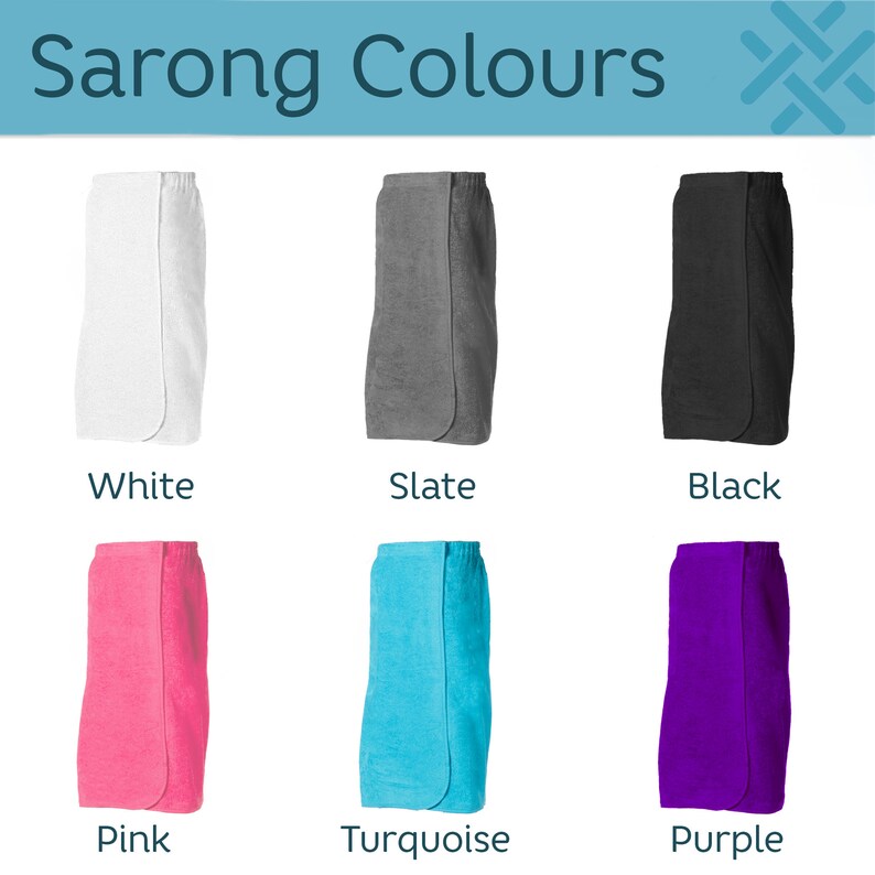 May include: Six sarong towels in different colors: white, slate, black, pink, turquoise, and purple. The towels are arranged in two rows of three. The towels are made of a soft, absorbent material and are perfect for wrapping around your body after a shower or bath.