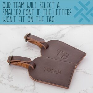 May include: Two brown leather luggage tags with a strap. The top tag is embossed with the initials "TB". The bottom tag is embossed with the initials "TOM.B".
