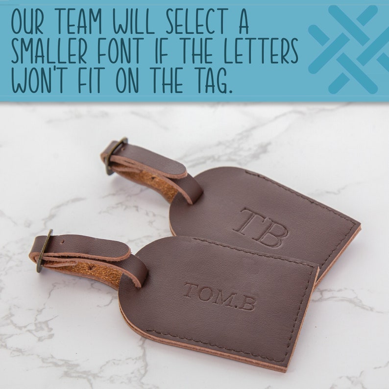 May include: Two brown leather luggage tags with a strap. The top tag is embossed with the initials "TB". The bottom tag is embossed with the initials "TOM.B".