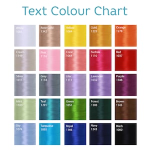 May include: A color chart with thread samples in various colors, including white, rose gold, yellow, gold, orange, cream, pink, coral, fuchsia, red, silver, grey, lilac, lavender, purple, mint, teal, green, forest, brown, sky, turquoise, royal, navy, and black. Each color sample has a corresponding number.
