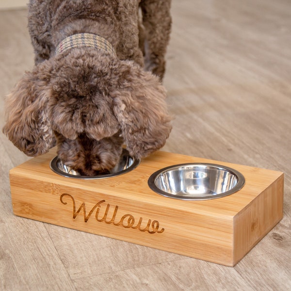 Personalised Double Bamboo Pet Feeding Bowl