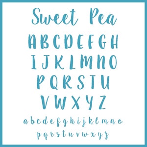 May include: A blue and white alphabet chart with the words "Sweet Pea" at the top. The alphabet is written in a handwritten style.