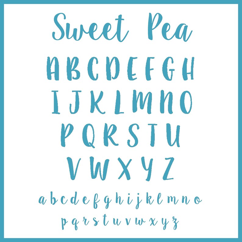 May include: A blue and white alphabet chart with the words "Sweet Pea" at the top. The alphabet is written in a handwritten style.