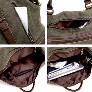 May include: A green canvas and brown leather travel duffel bag with multiple pockets and a zipper closure. The bag is shown open with a laptop and books inside.
