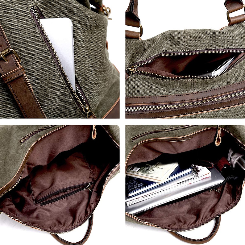 May include: A green canvas and brown leather travel duffel bag with multiple pockets and a zipper closure. The bag is shown open with a laptop and books inside.
