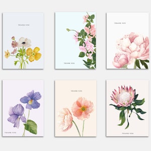 Set of Six Watercolor Floral Thank You Cards - Vertical