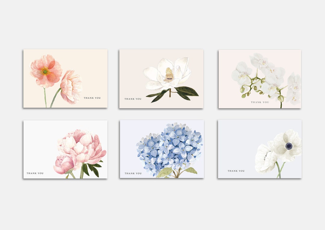 Set of Six Watercolor Floral Thank You Cards - Horizontal - Etsy