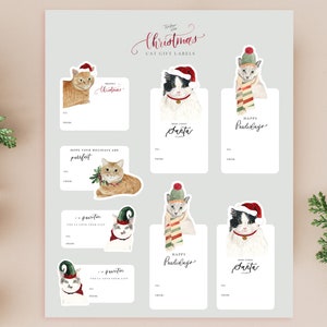 Adorable Watercolor Cat Christmas Sticker Gift Labels