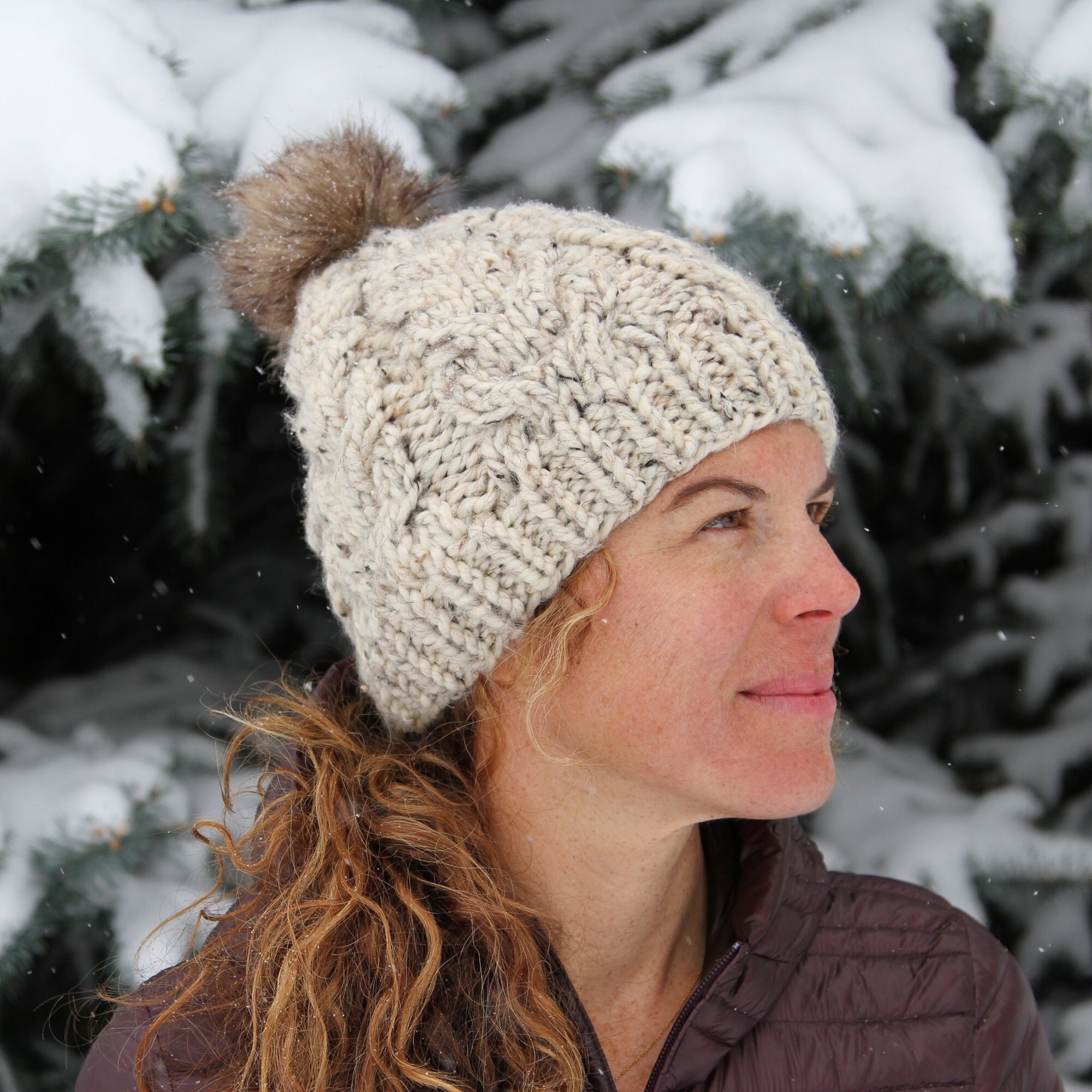 Black Chunky Cable Knit Hat With Beige Faux Fur Pom Pom 