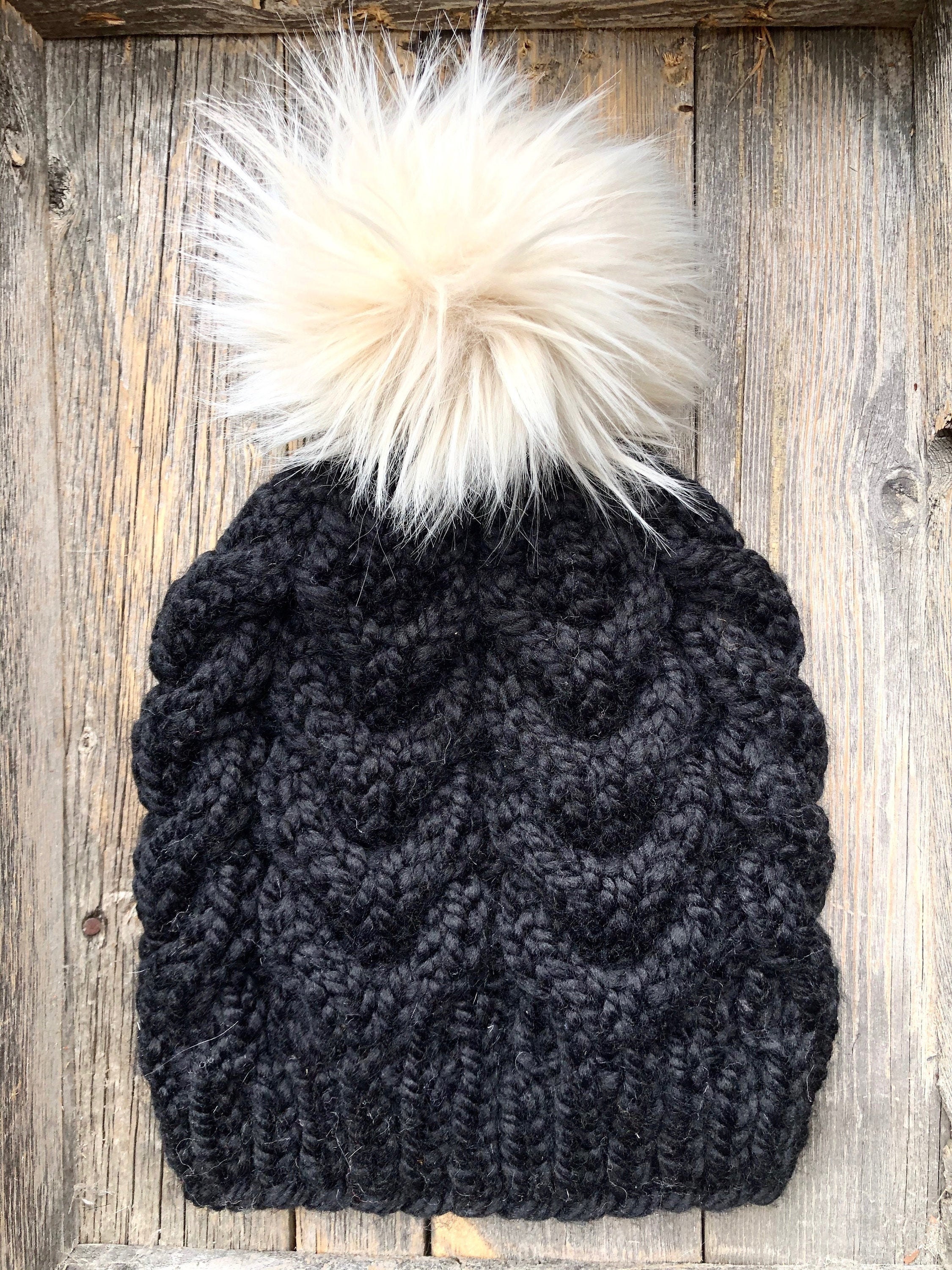 NWT, Skea, Big Pom Betty Hat. Gorgeous 9 inch Fur Pom, luxury Knit cable hat! Black Chunky Cable Knit Hat With Beige Faux Fur Pom Pom  main image 3